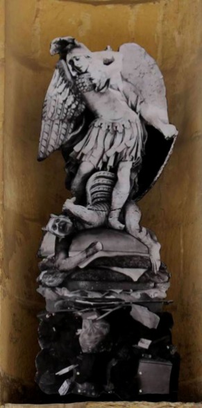 Striking street art display in Valletta by Twitch (James Micallef Grimaud): the statue of St. Michael fighting the Devil with a little twist and a contemporary companion (photo by the author)